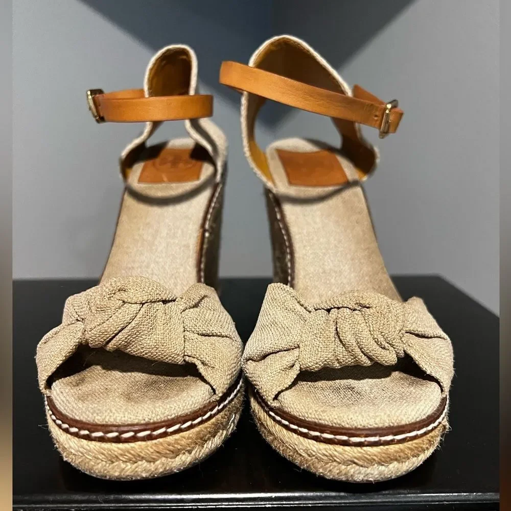 Tory Burch Macy Natural Linen with Metallic Flecks Espadrille Wedges